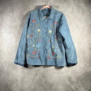 Jessica Holbrook Jacket Womens 1X Blue Suede‎ Leather Floral Embroidered Artsy
